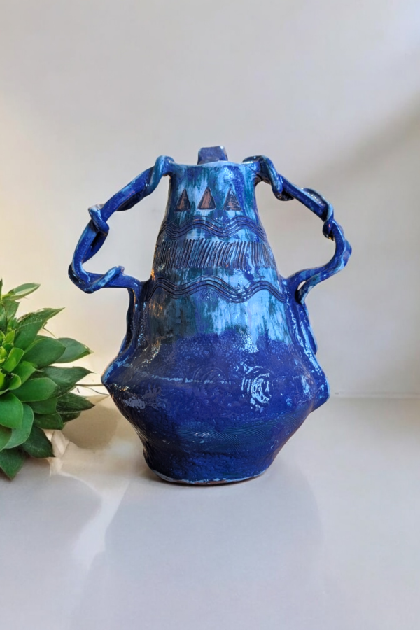 Large Blue Glazed Terracotta Pottery Vase - Image 2