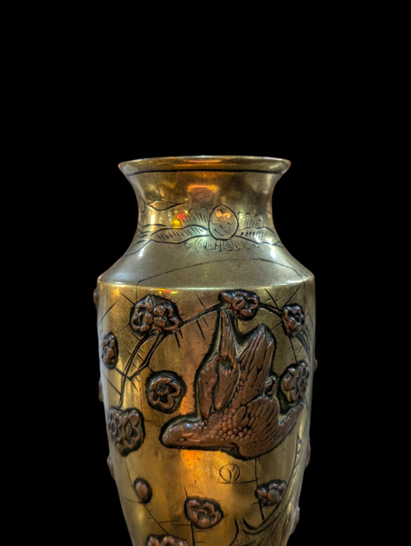 Late 19th Century Japanese Meiji Period Signed Brass Vase With Applied Copper Decor - Image 2