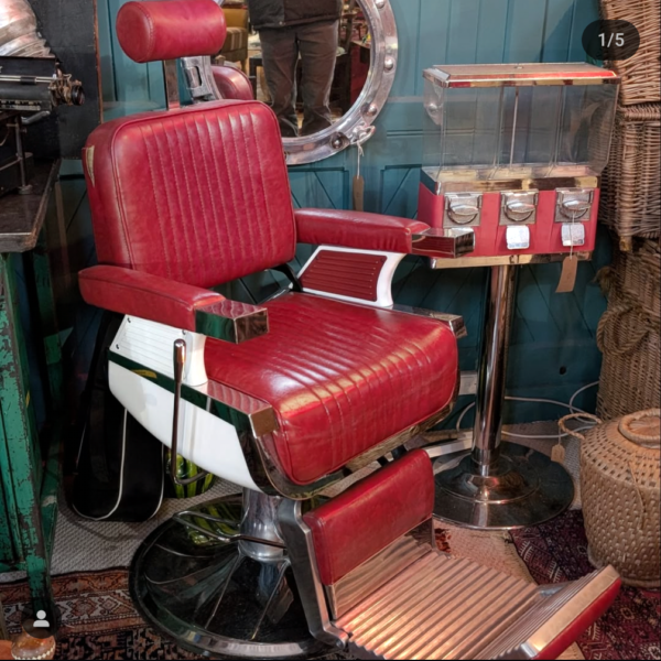 Red Chrome Adjustable Reclining Vintage Barber Chair - Image 5