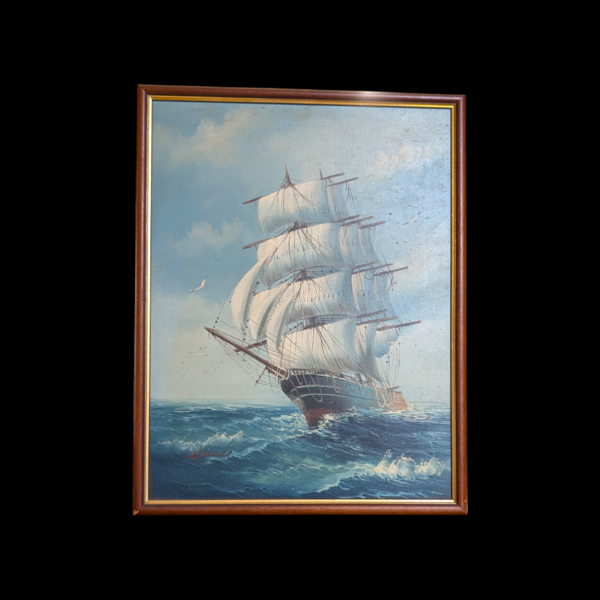 Framed Tall Ship Oil Painting