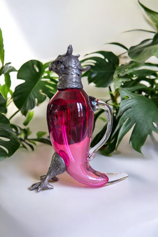 Victorian Cranberry Glass & Silver Plate Bird Claret Jug - Image 4