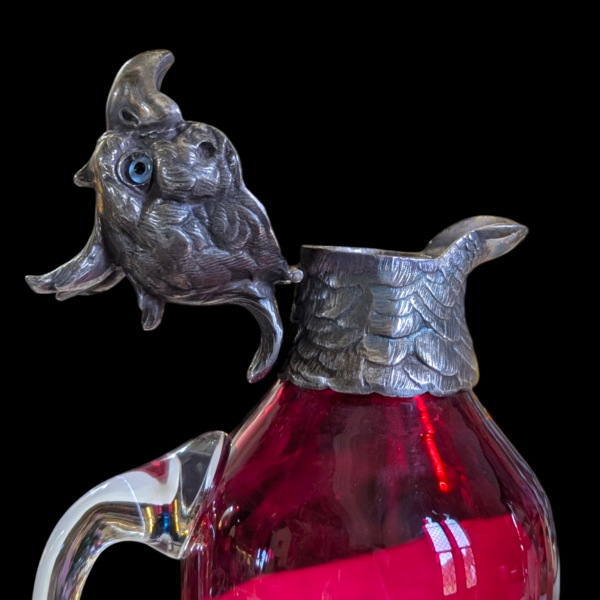 Victorian Cranberry Glass & Silver Plate Bird Claret Jug - Image 3