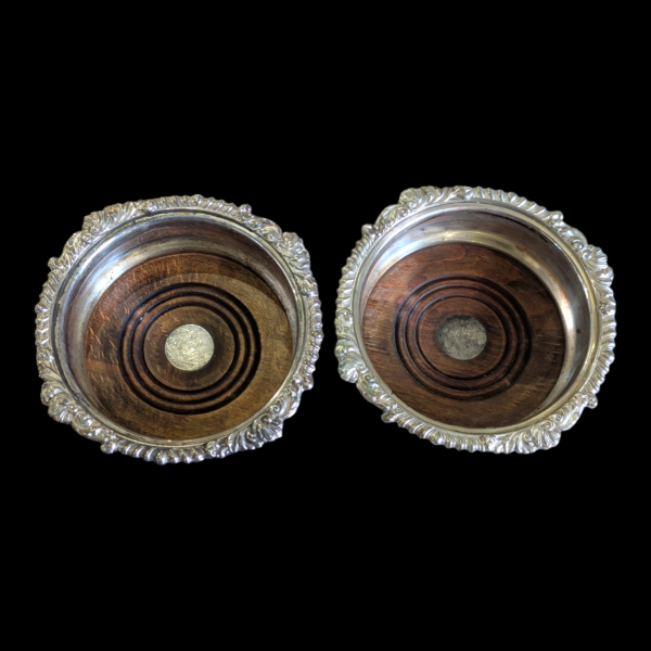 Pair Of Silver Plate & Turner Wood Wine Coasters