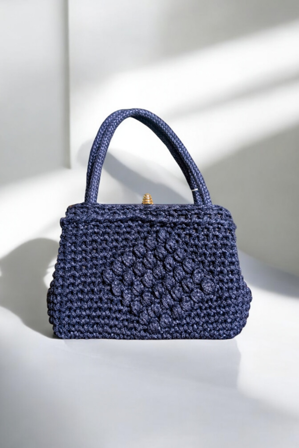 Vintage Navy Blue Raffia Bag - Image 2