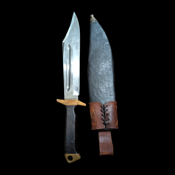 Bowie Knife With Brass & Wood Handle In Original Leather Scabbard