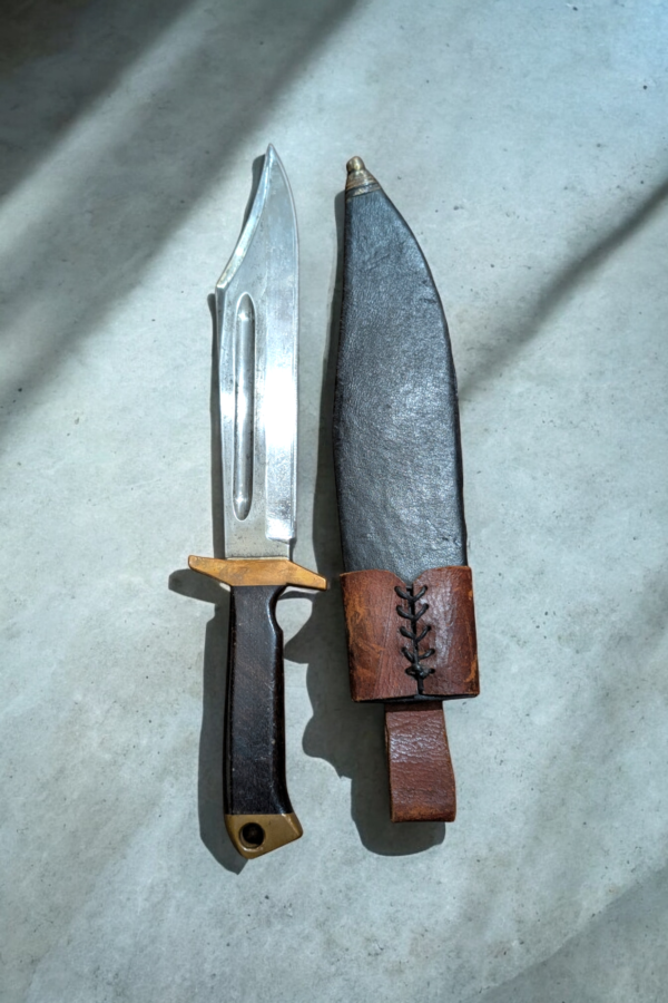 Bowie Knife With Brass & Wood Handle In Original Leather Scabbard - Image 3