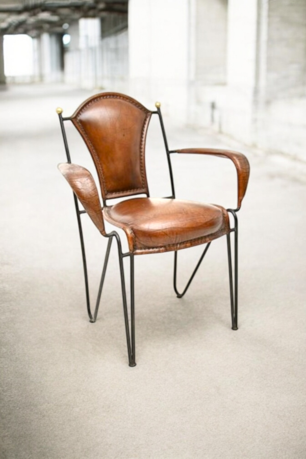 1950's Mid Century French Iron & Leather Jacques Adnet Armchair - Image 2