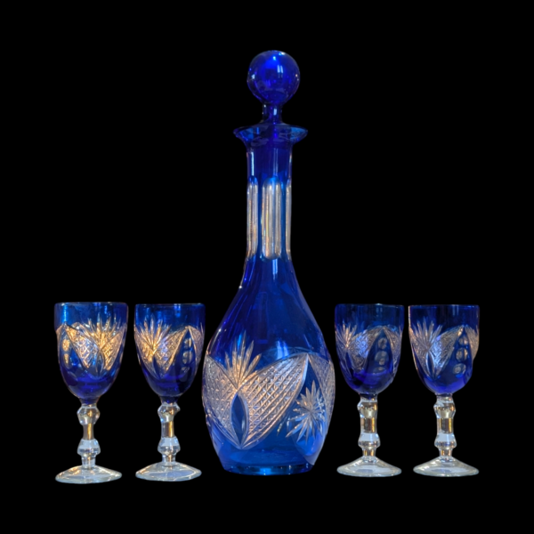 Blue Antique Czech Cut Crystal Decanter & Four Glasses