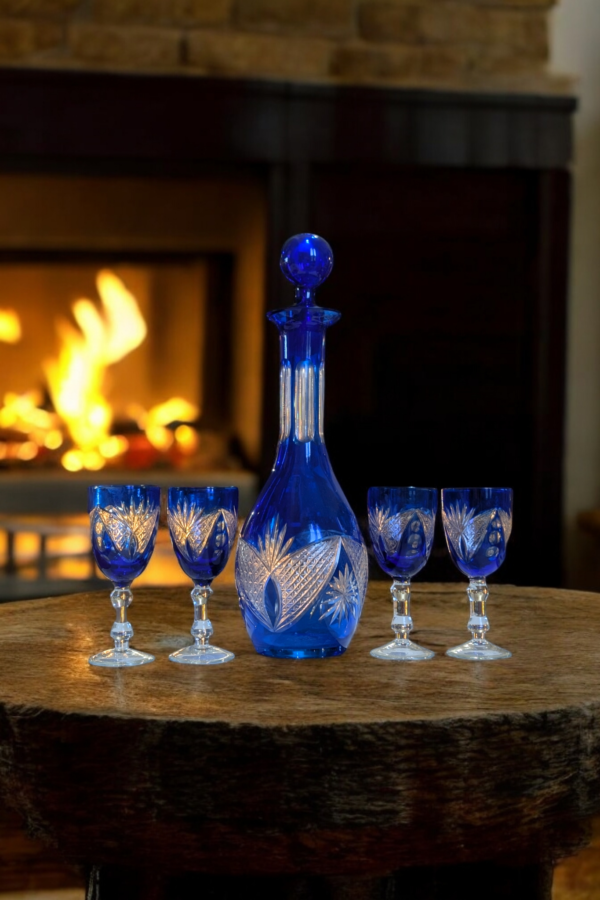 Blue Antique Czech Cut Crystal Decanter & Four Glasses - Image 3