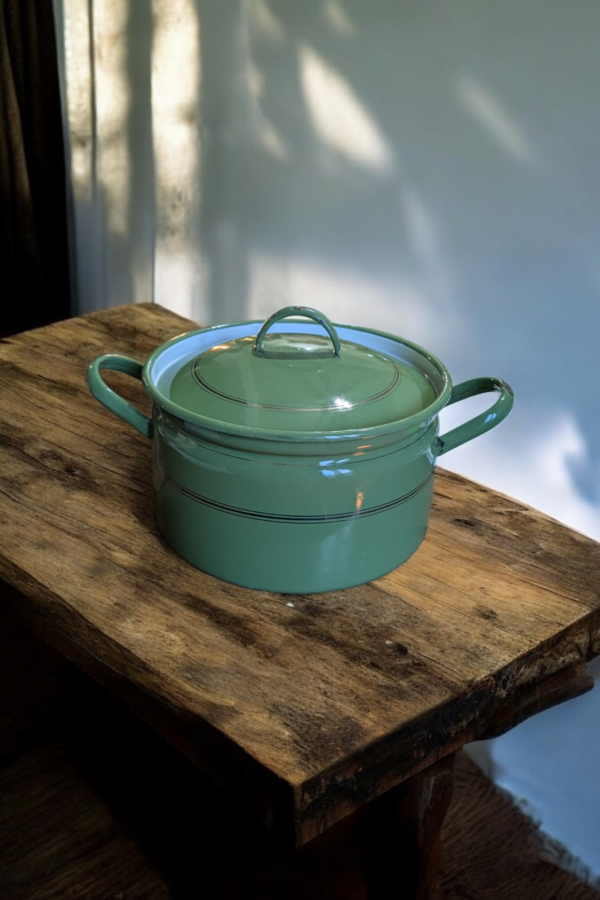 Large Enamelled Green Lidded Pan - Image 2