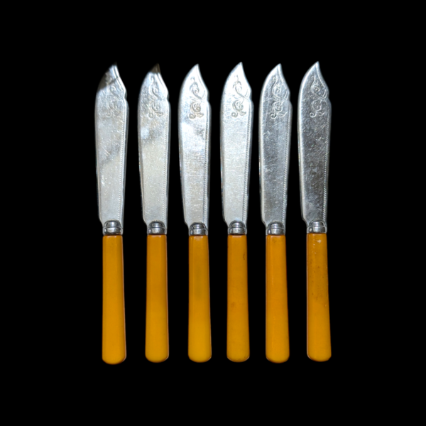 Set Of Six Vintage Yellow Handled Fish Knives