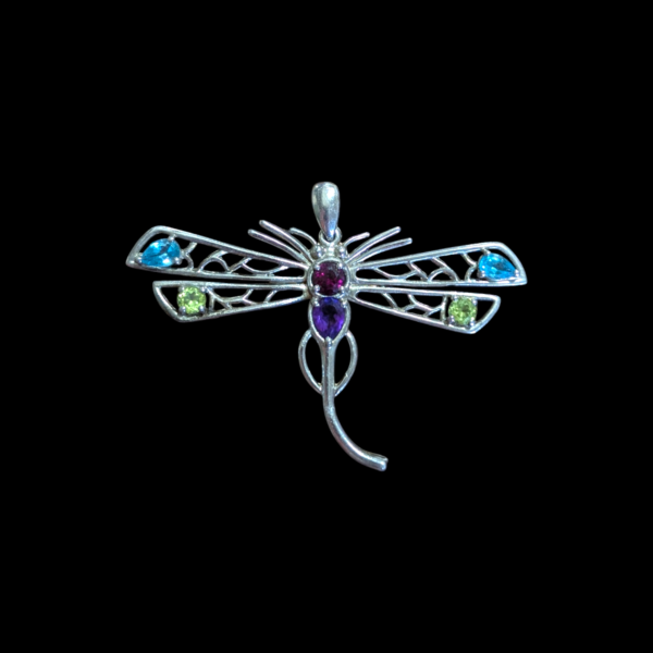 Silver Blue Topaz Peridot & Amethyst Semiprecious Dragonfly Pendant