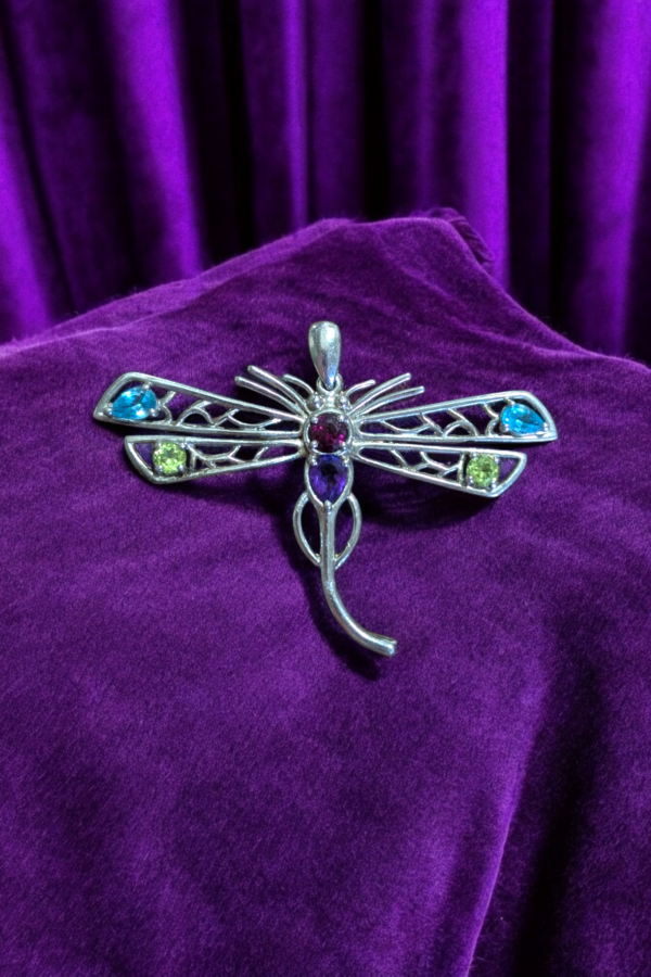 Silver Blue Topaz Peridot & Amethyst Semiprecious Dragonfly Pendant - Image 3