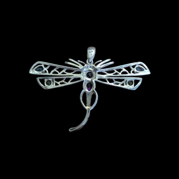 Silver Blue Topaz Peridot & Amethyst Semiprecious Dragonfly Pendant - Image 2