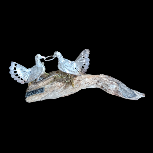 Pair Of Sterling Silver Love Doves Mounted On Log