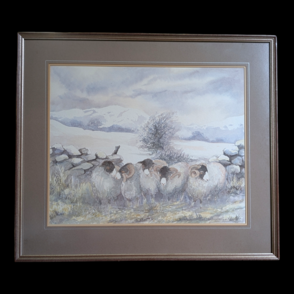 Jean Stewart Pen & Watercolour Painting Of Sheep In Snowy Field