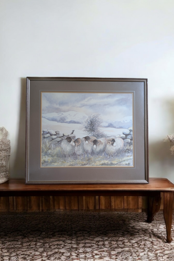 Jean Stewart Pen & Watercolour Painting Of Sheep In Snowy Field - Image 2