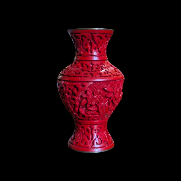 Red Chinese Cinnabar Lacquer Vase With Blue Enamelled Interior