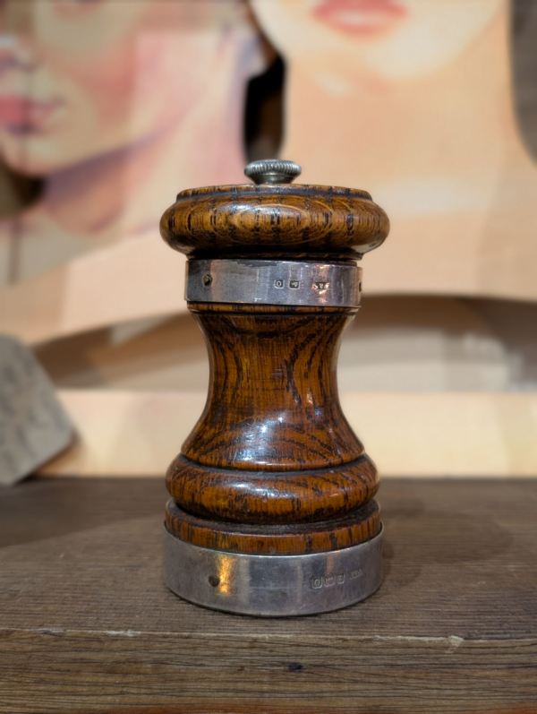 Sterling Silver Mounted Oak Pepper Mill Early 20th Century - Image 3