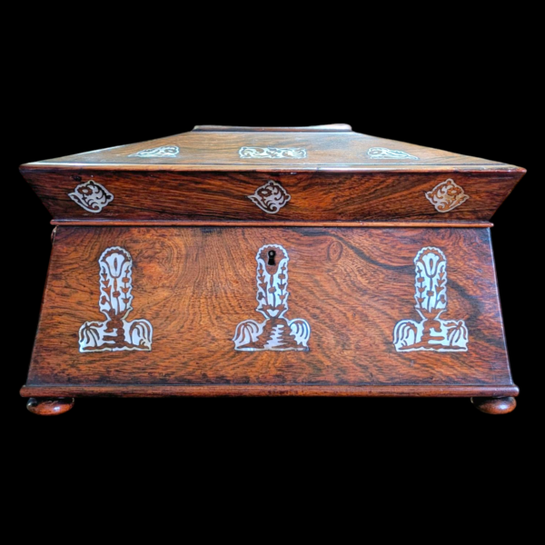 Early 20th Century Sarcophagus Shaped Rosewood Mother Of Pearl Inlaid Tea Caddy - Image 4