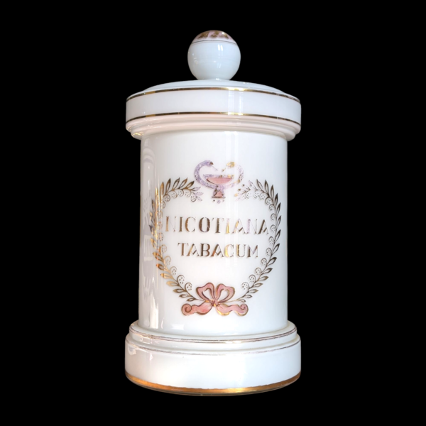 Rare Antique French Hand Decorated Milk Glass 'Nicotiana Tabacum' Apothecary Jar