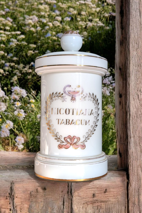 Rare Antique French Hand Decorated Milk Glass 'Nicotiana Tabacum' Apothecary Jar - Image 2