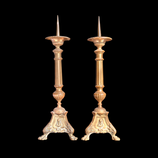 A Pair Of Ecclesiastical Madonna & Christmas French Pricket Brass Candlesticks
