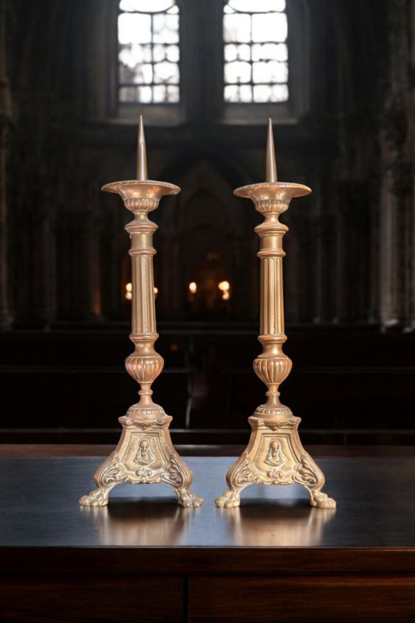 A Pair Of Ecclesiastical Madonna & Christmas French Pricket Brass Candlesticks - Image 3