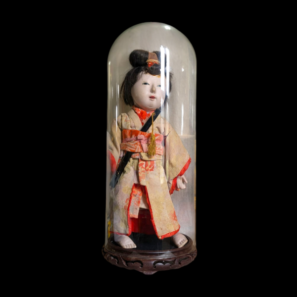 Antique Japanese Ichimatsu Gofun Doll in Silk Kimono Under Glass Dome