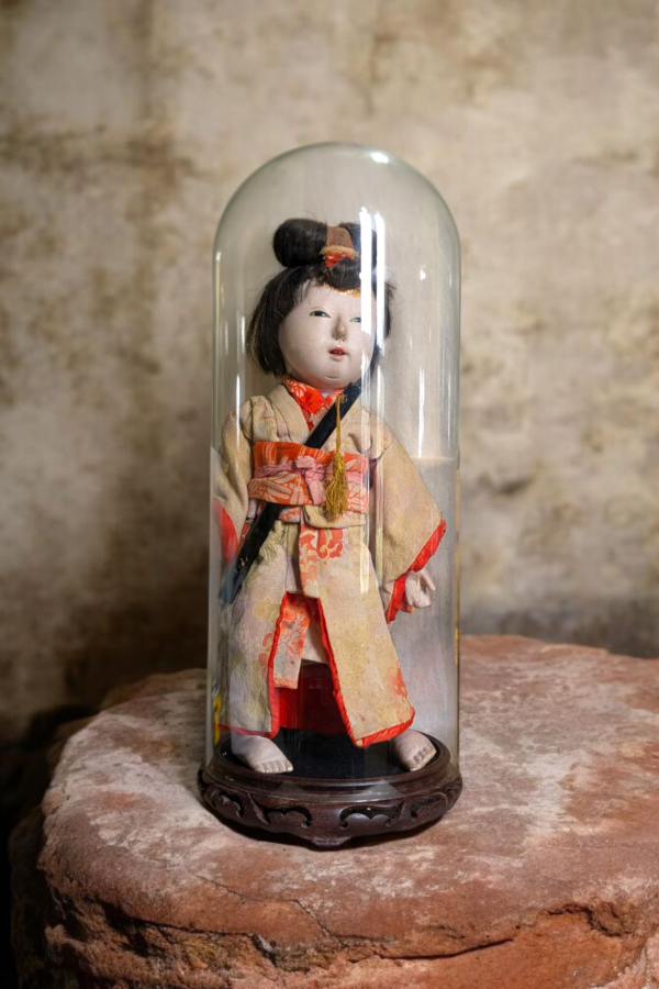 Antique Japanese Ichimatsu Gofun Doll in Silk Kimono Under Glass Dome - Image 2