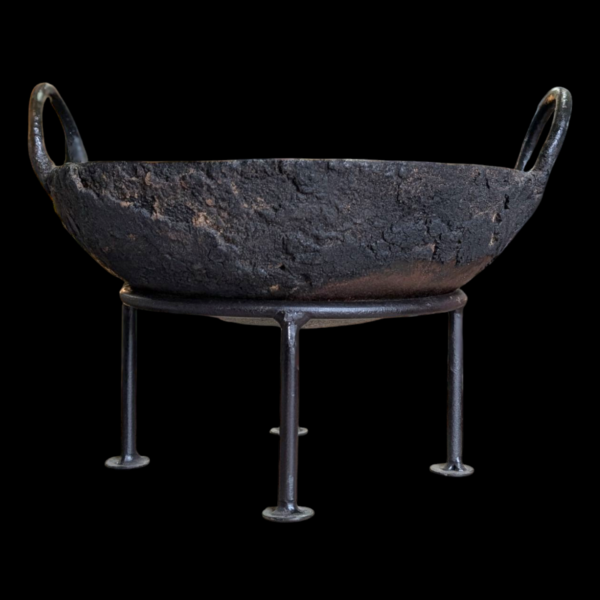 Antique Indian Cast Iron Cooking Kadai on Iron Stand
