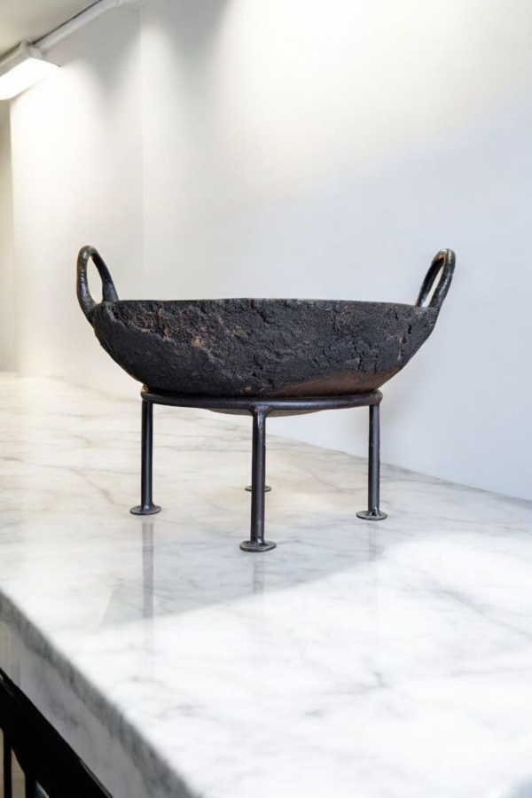 Antique Indian Cast Iron Cooking Kadai on Iron Stand - Image 2