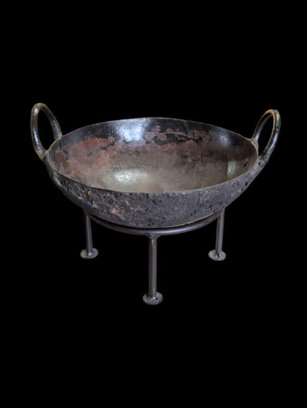 Antique Indian Cast Iron Cooking Kadai on Iron Stand - Image 3