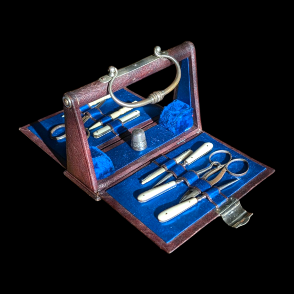 Victorian Bone Handled Sterling Silver Travelling Sewing Kit In Handbag Shaped Carrier - Image 3