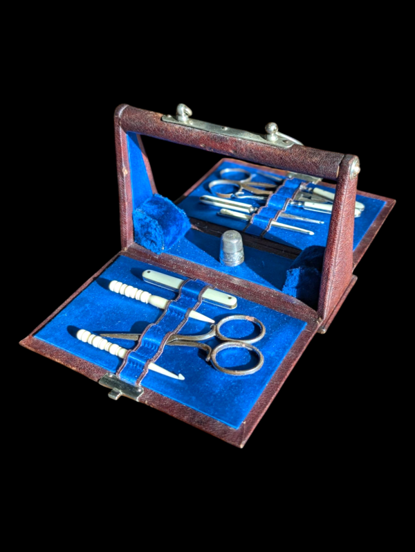 Victorian Bone Handled Sterling Silver Travelling Sewing Kit In Handbag Shaped Carrier - Image 4