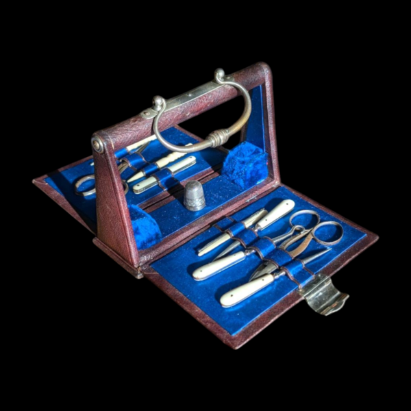 Victorian Bone Handled Sterling Silver Travelling Sewing Kit In Handbag Shaped Carrier - Image 6