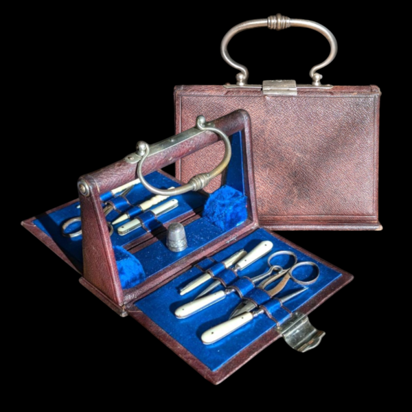 Victorian Bone Handled Sterling Silver Travelling Sewing Kit In Handbag Shaped Carrier