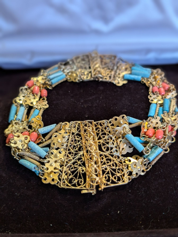 Egyptian Revival Brass Filigree Choker and Earrings Set with Coral and Turquoise Beads - Image 3