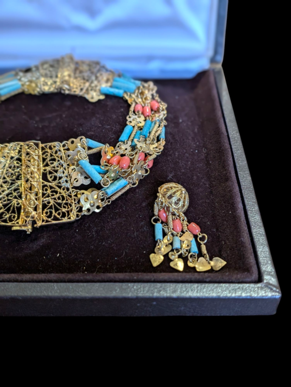 Egyptian Revival Brass Filigree Choker and Earrings Set with Coral and Turquoise Beads - Image 2