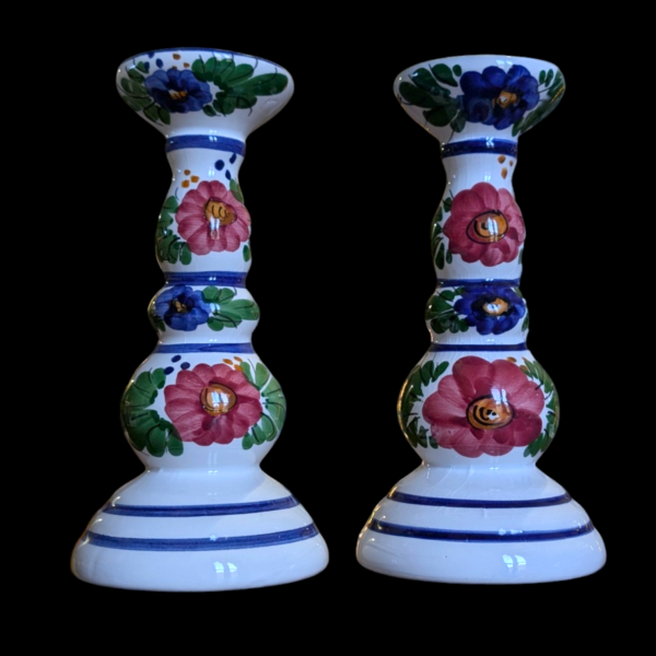 Pair Of Hand Painted Floral Ceramic Candlestick Holders