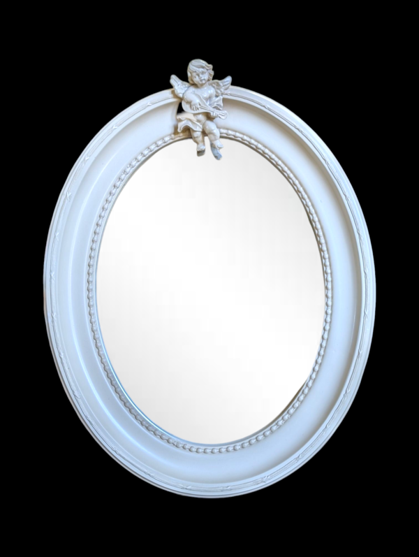 White Oval Wall Mirror with Cherub Playing Mandolin - Image 3