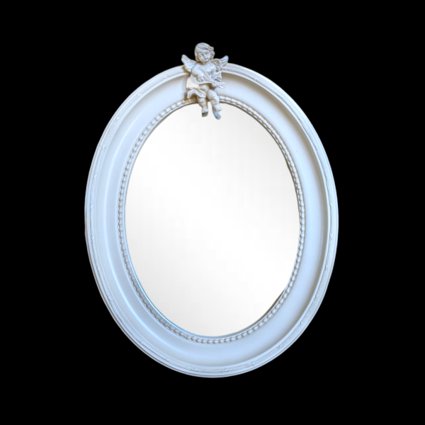 White Oval Wall Mirror with Cherub Playing Mandolin