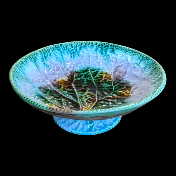 Antique Majolica Leaf Motif Compote Pedestal Dish – Cabbage Leaf Design - Image 2