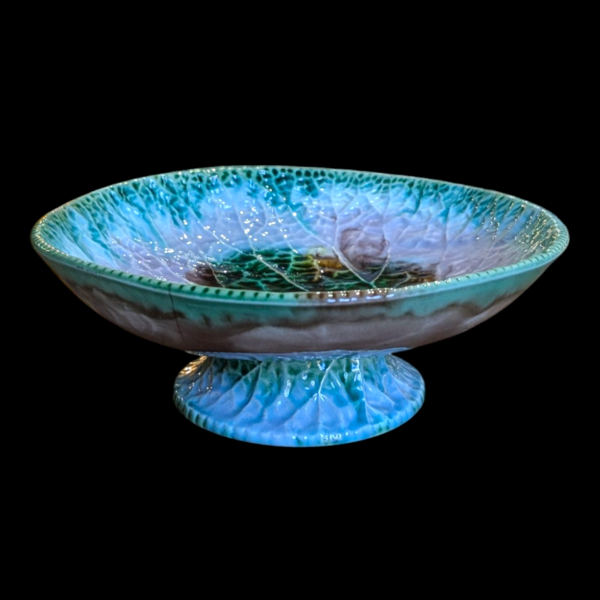 Antique Majolica Leaf Motif Compote Pedestal Dish – Cabbage Leaf Design