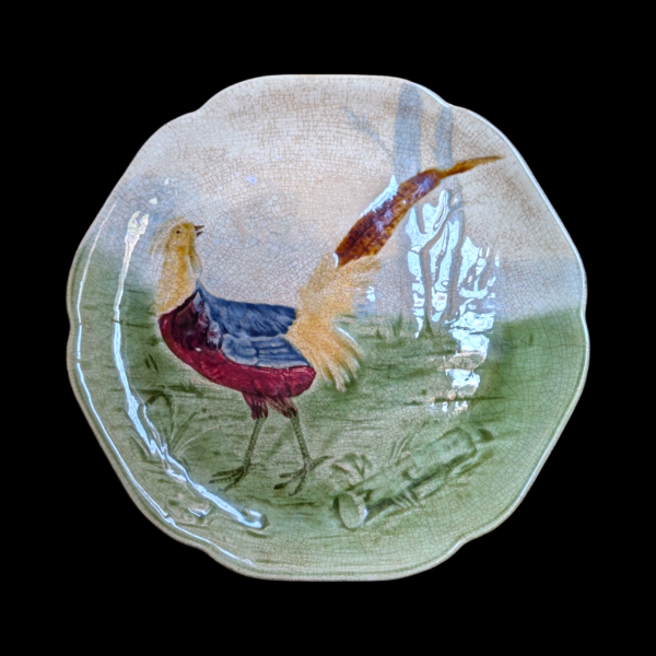 Antique Continental Majolica Pheasant Plate – Scalloped Edge with Crackle Glaze