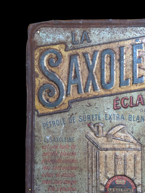Antique French Saxoléine Advertising Sign – Early Petrol Brand Enamel Tin Sign - Image 3