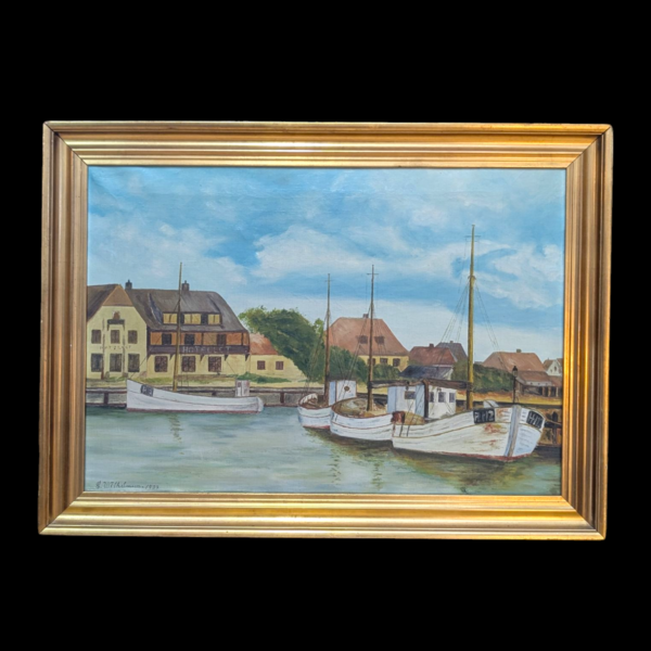 Framed Continental Harbour Scene – Signed 1939 Oil Painting in Gilt Frame