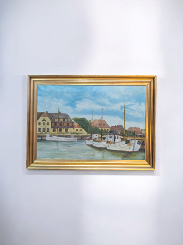 Framed Continental Harbour Scene – Signed 1939 Oil Painting in Gilt Frame - Image 2