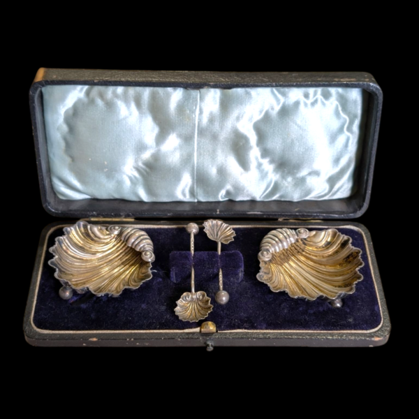 Antique Solid Silver Salt Set in Original Fitted Box – Hallmarked 1890 by John Gilbert