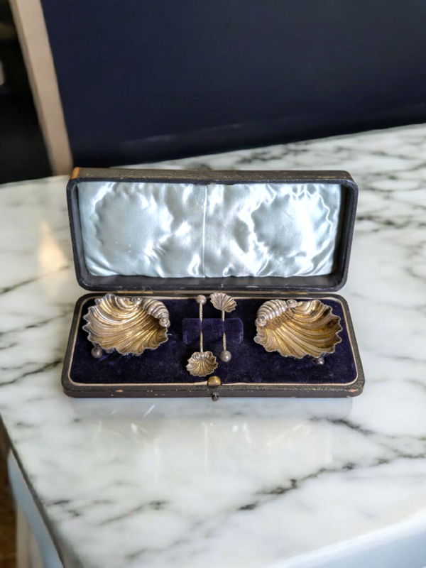Antique Solid Silver Salt Set in Original Fitted Box – Hallmarked 1890 by John Gilbert - Image 2